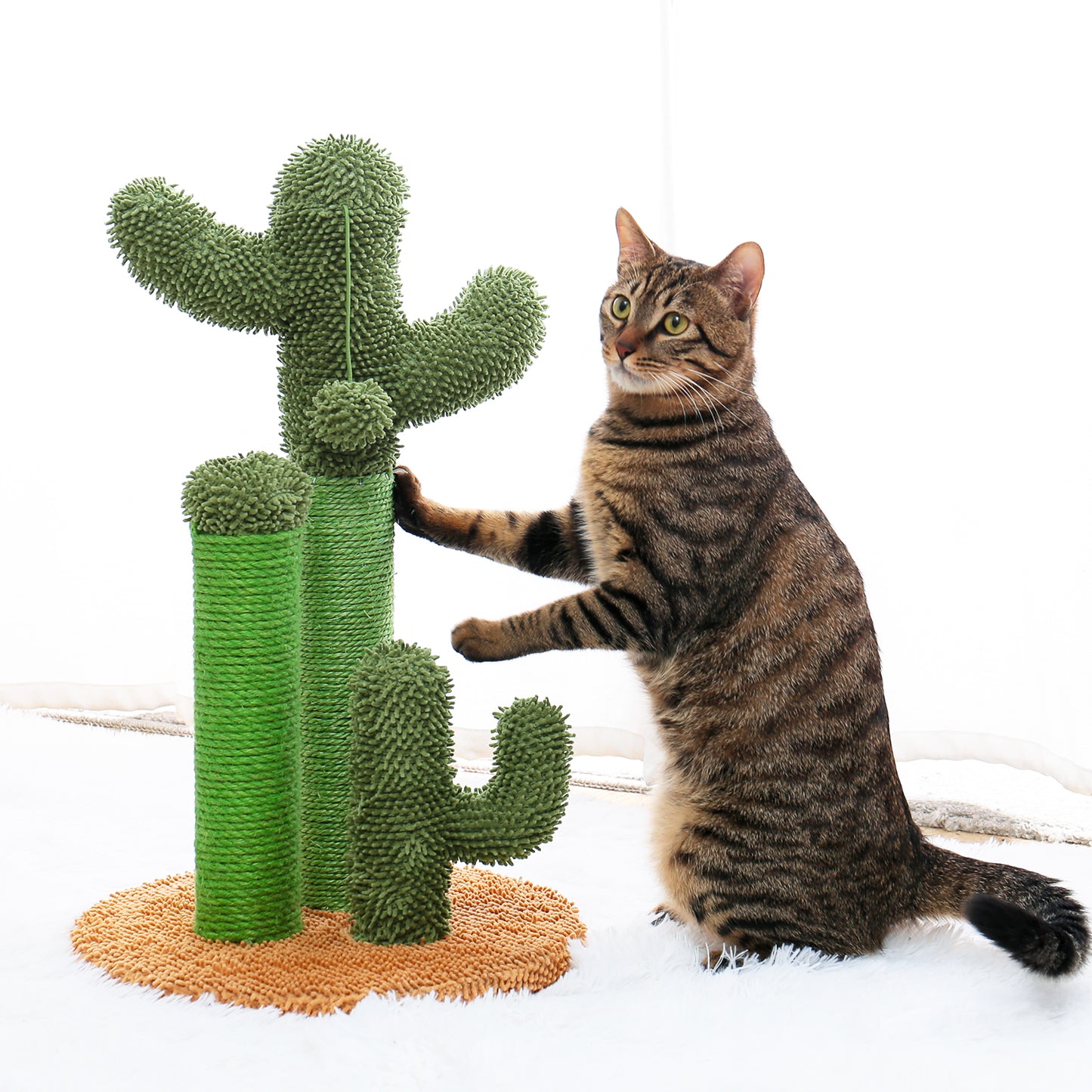 Cat Scratching Post Cactus Cat Scratcher Featuring with 3 Scratching Poles and Interactive Dangling Ball