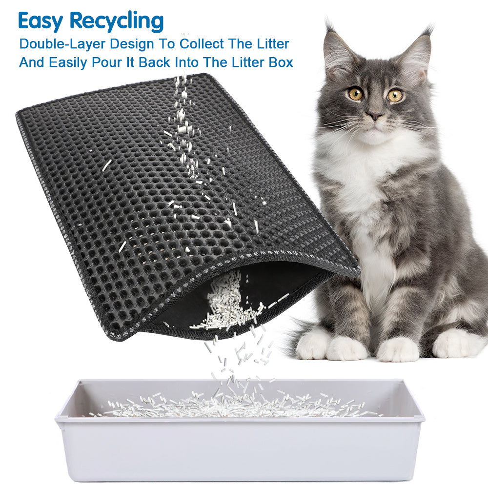 Cat Litter Mat Double Layer with MiLi Shape Scratching design, Urine Waterproof, Easy Clean, Scatter Control  21" x 14"  Black