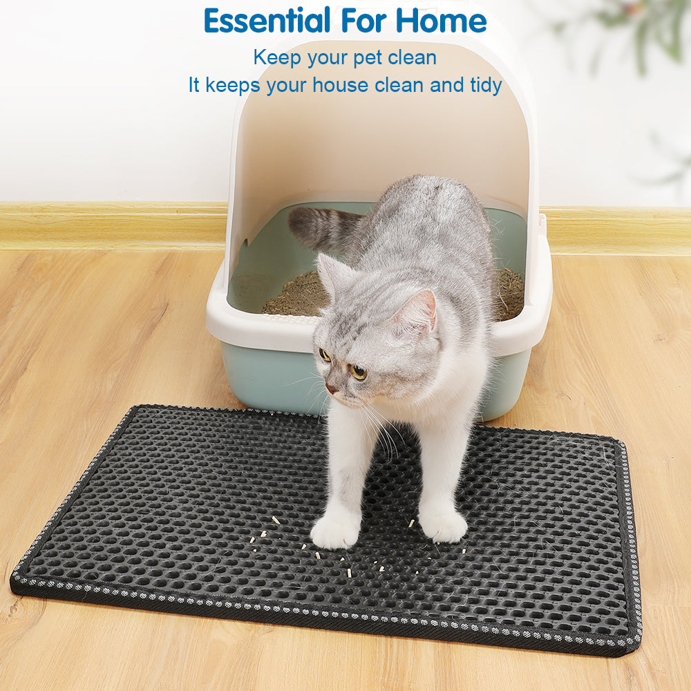 Cat Litter Mat Double Layer with MiLi Shape Scratching design, Urine Waterproof, Easy Clean, Scatter Control  21" x 14"  Black