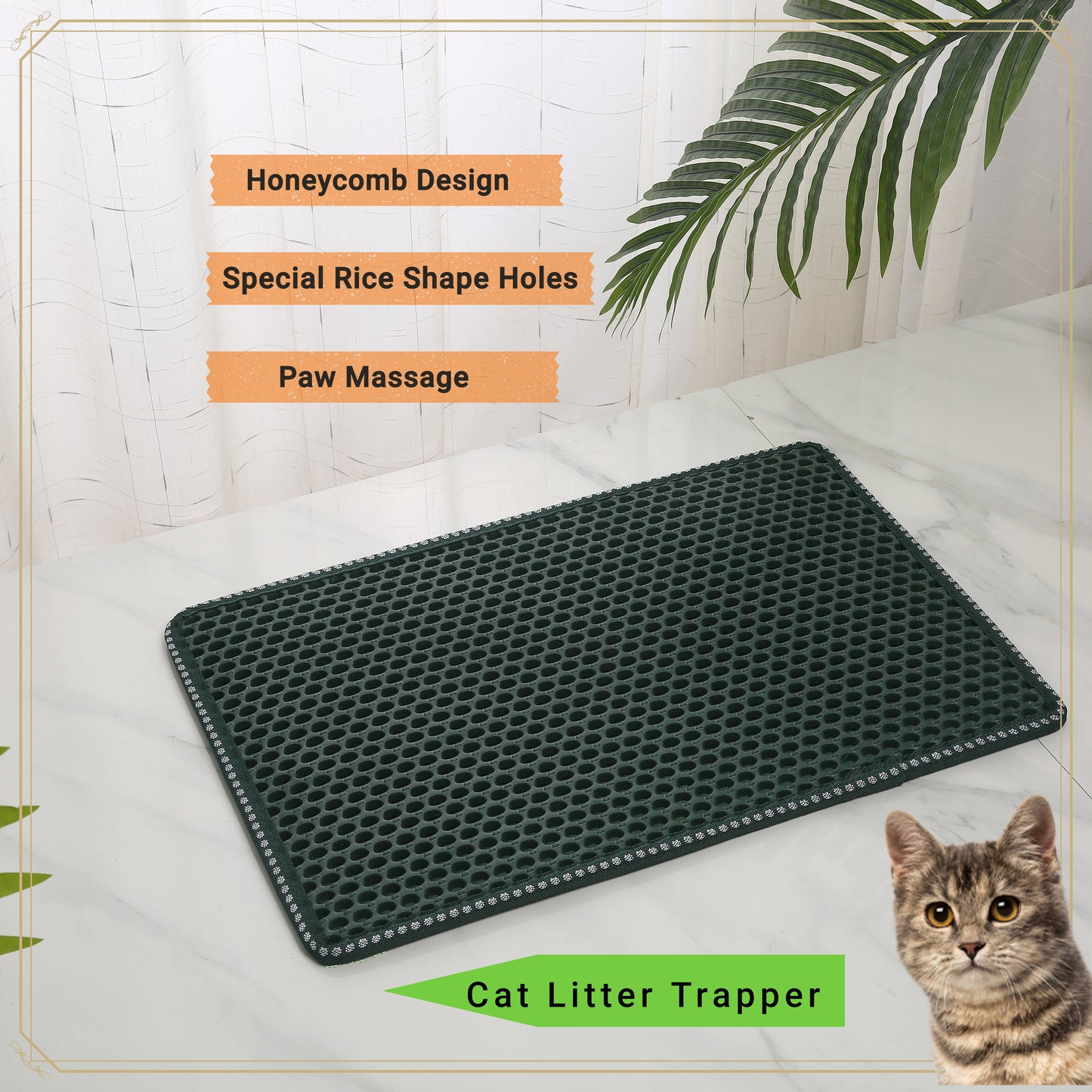 Cat Litter Mat Double Layer with MiLi Shape Scratching design, Urine Waterproof, Easy Clean, Scatter Control  21" x 14"  Green