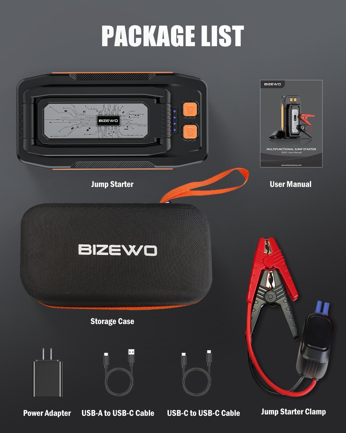 BIZEWO Jump Starter Battery Pack, 2000A Peak 12V Car Battery Booster with Foldable LED Light