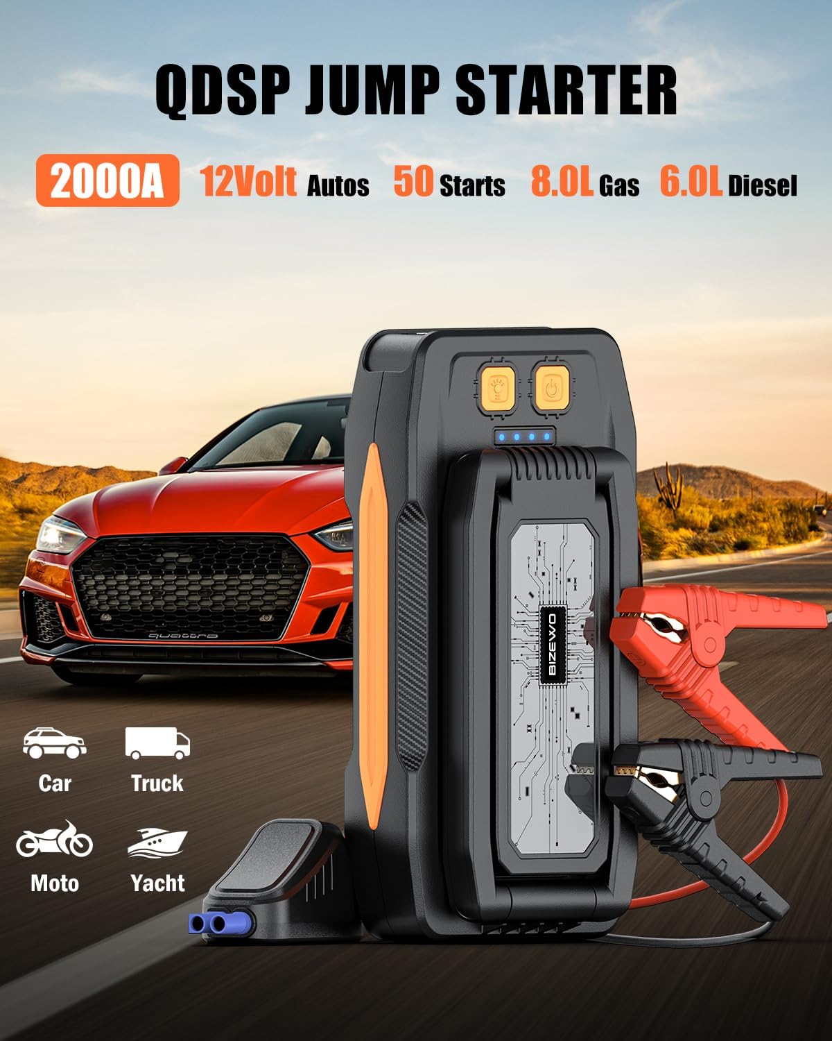 BIZEWO Jump Starter Battery Pack, 2000A Peak 12V Car Battery Booster with Foldable LED Light