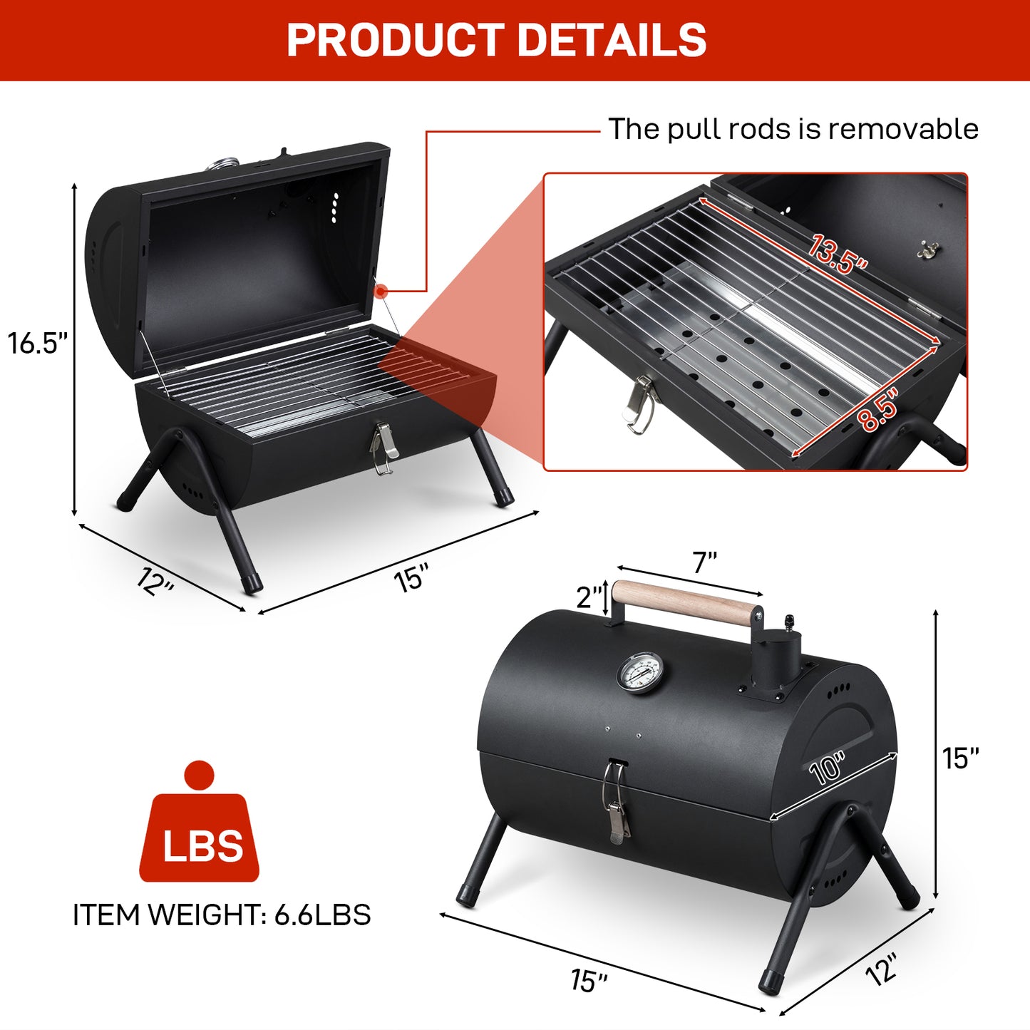 Portable Charcoal Grill with Thermometer & Wooden Handle, Compact Tabletop Barbecue Grill for Outdoor Camping BBQ Grilling Backyard Party Cooking