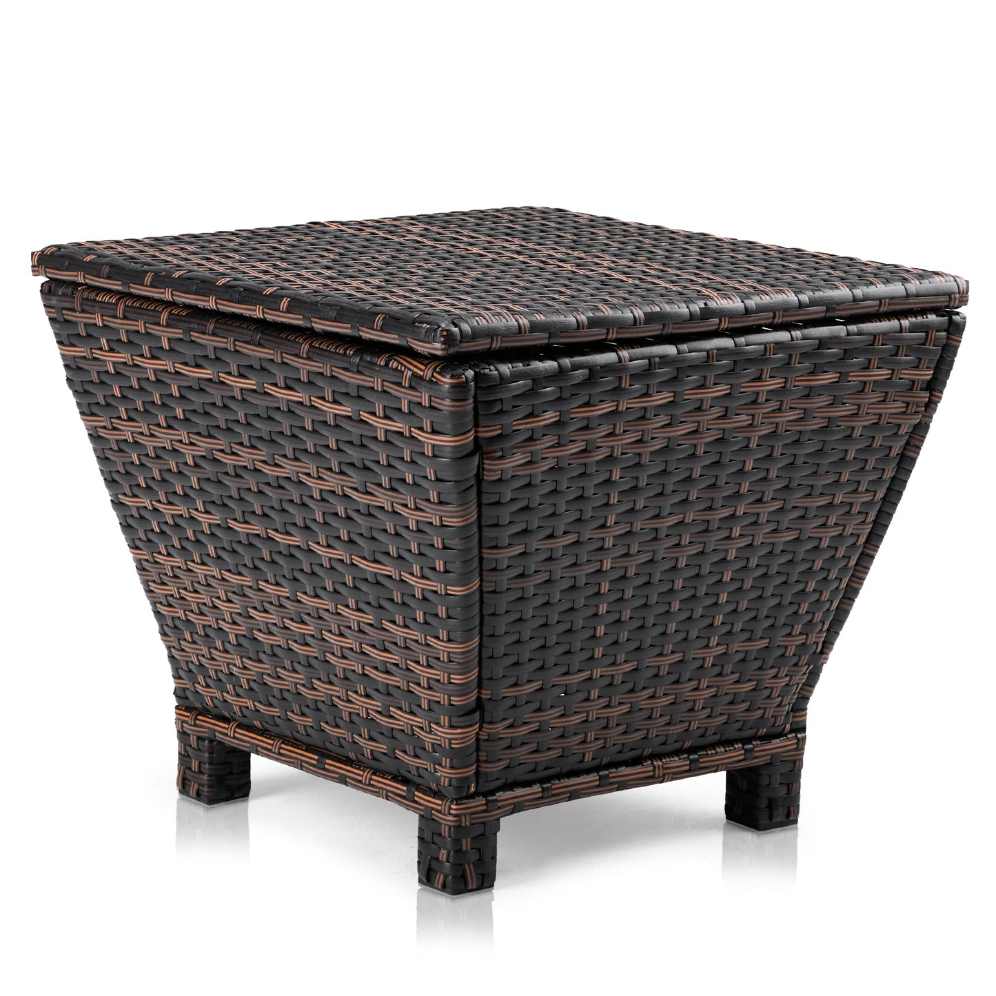 Outdoor PE Wicker Side Table with Storage, Small Patio Storage Bin Container for Hose Cushion Towel, Brown