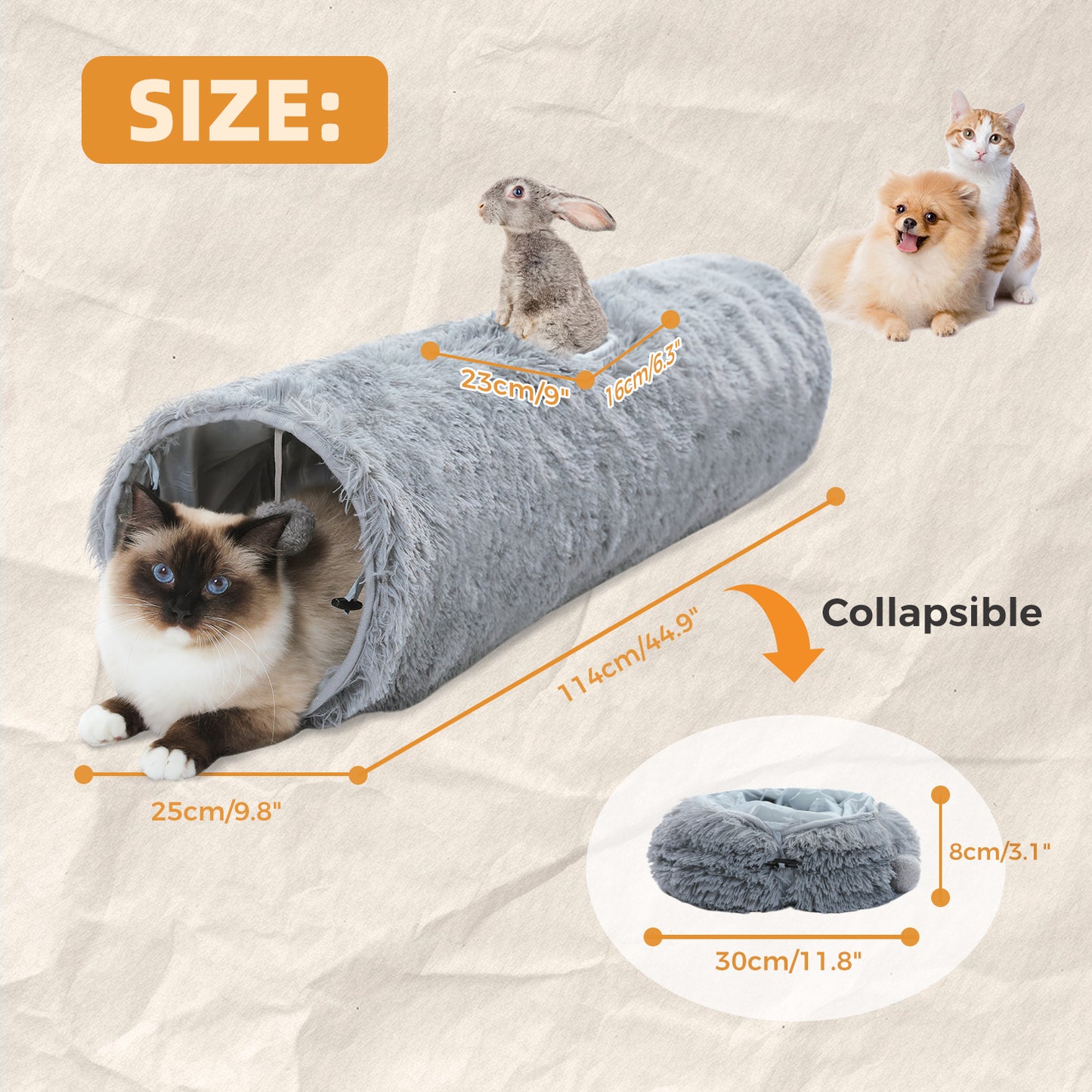 Large Cat Tunnel, 44.9 Inches Long Collapsible Cat Tube 9.8 Inches in Diameter, Collapsible Fluffy Plush Toys for Cat, Rabbits and Puppies