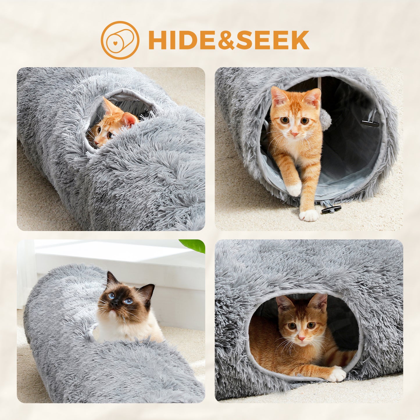 Large Cat Tunnel, 44.9 Inches Long Collapsible Cat Tube 9.8 Inches in Diameter, Collapsible Fluffy Plush Toys for Cat, Rabbits and Puppies