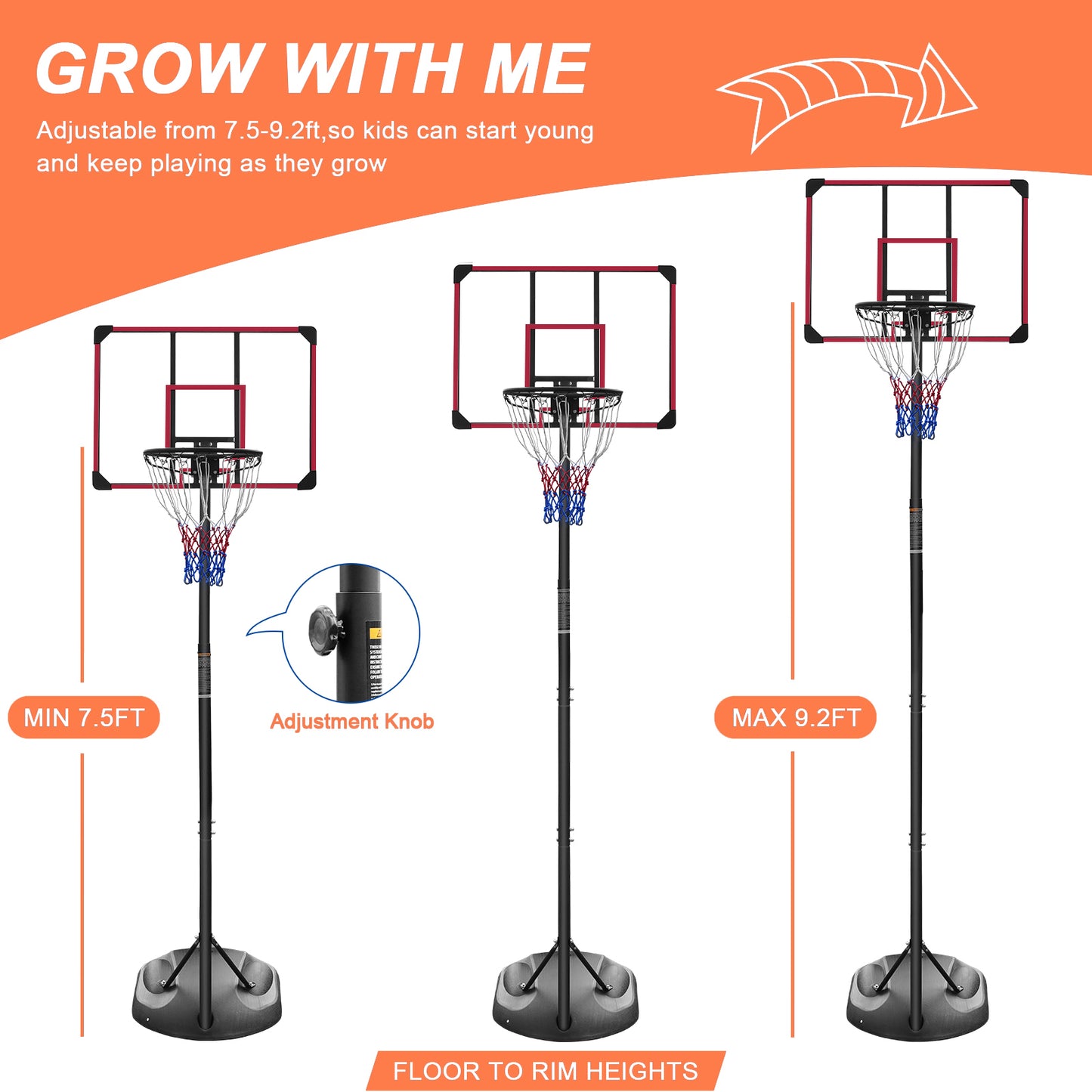 Portable Basketball Hoop System Stand Height Adjustable 7.5ft - 9.2ft with 32 Inch Backboard and Wheels for Youth Adults