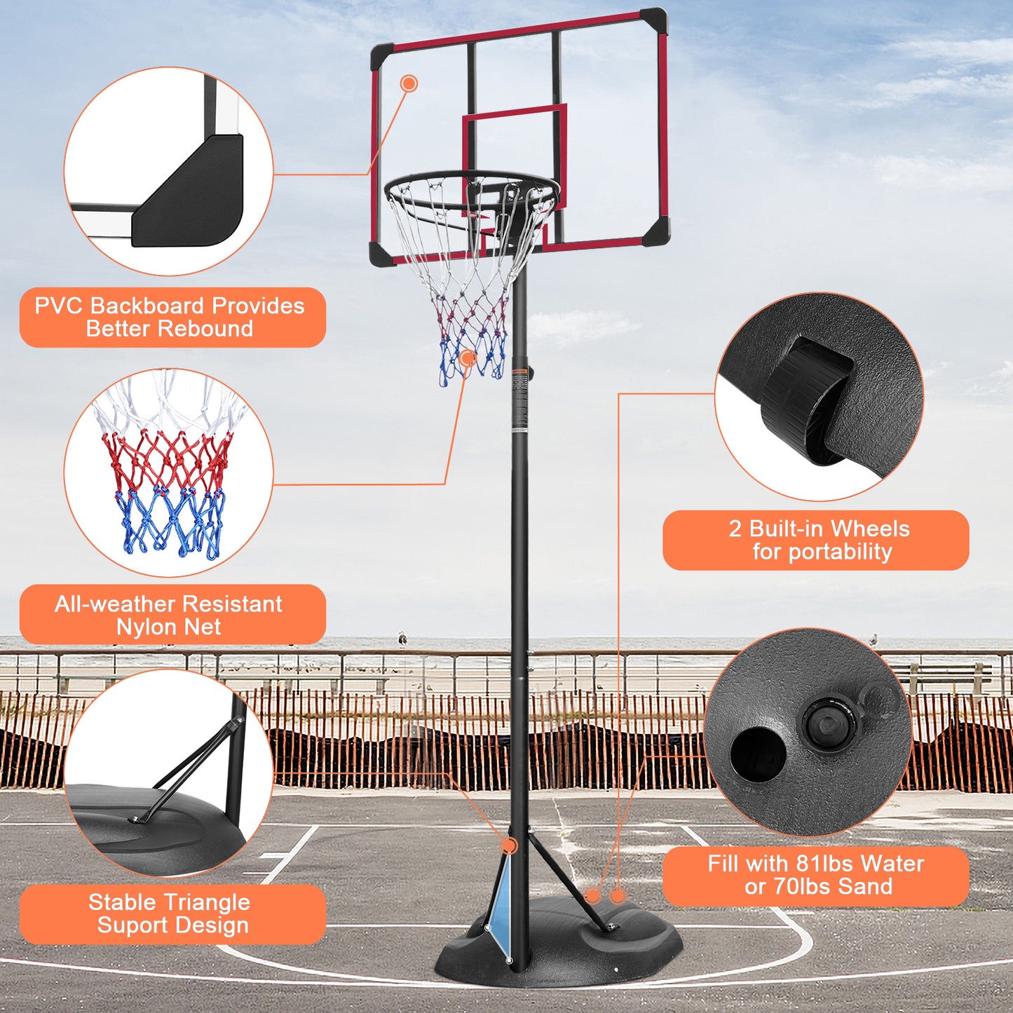 Portable Basketball Hoop System Stand Height Adjustable 7.5ft - 9.2ft with 32 Inch Backboard and Wheels for Youth Adults