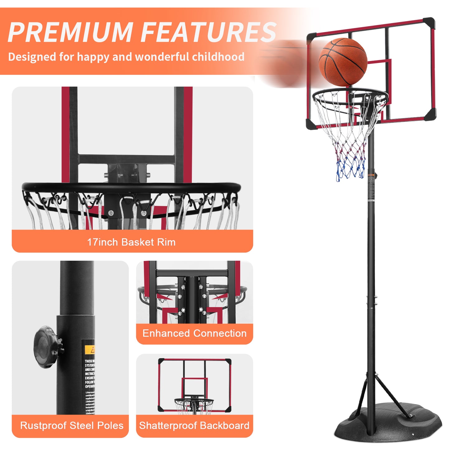 Portable Basketball Hoop System Stand Height Adjustable 7.5ft - 9.2ft with 32 Inch Backboard and Wheels for Youth Adults