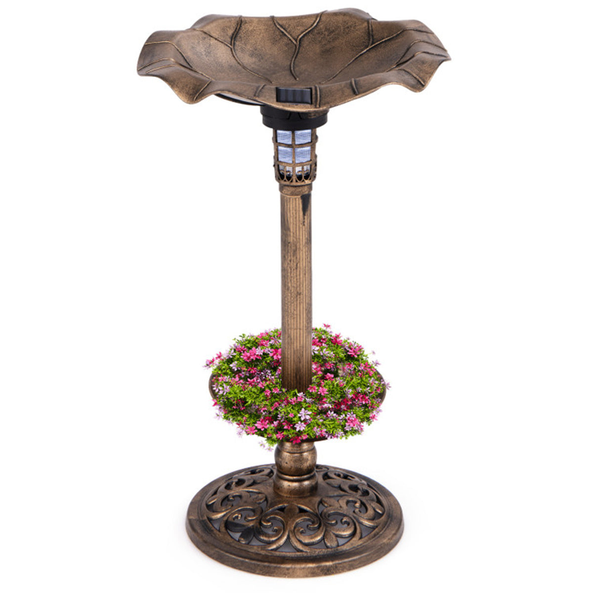 Bronze Standing Pedestal Birdbath and Feeder Combo with Solar Powered Lamp and  Flower Planter for Patio