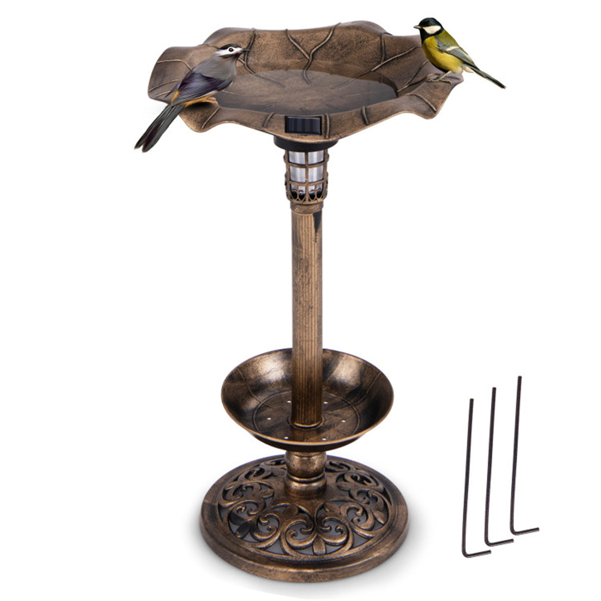 Bronze Standing Pedestal Birdbath and Feeder Combo with Solar Powered Lamp and  Flower Planter for Patio