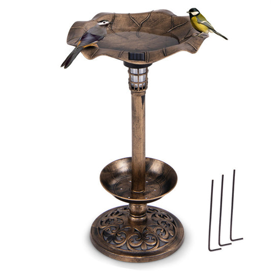 Bronze Standing Pedestal Birdbath and Feeder Combo with Solar Powered Lamp and  Flower Planter for Patio