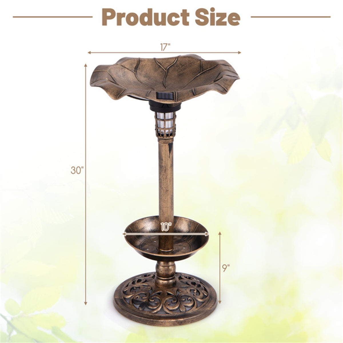 Bronze Standing Pedestal Birdbath and Feeder Combo with Solar Powered Lamp and  Flower Planter for Patio