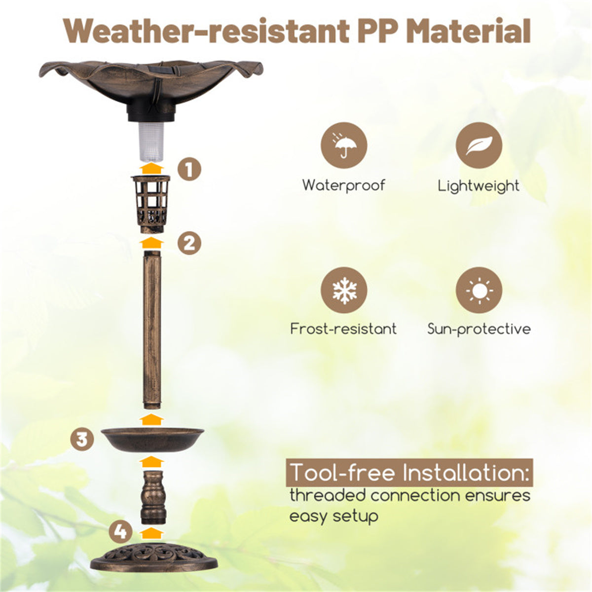 Bronze Standing Pedestal Birdbath and Feeder Combo with Solar Powered Lamp and  Flower Planter for Patio