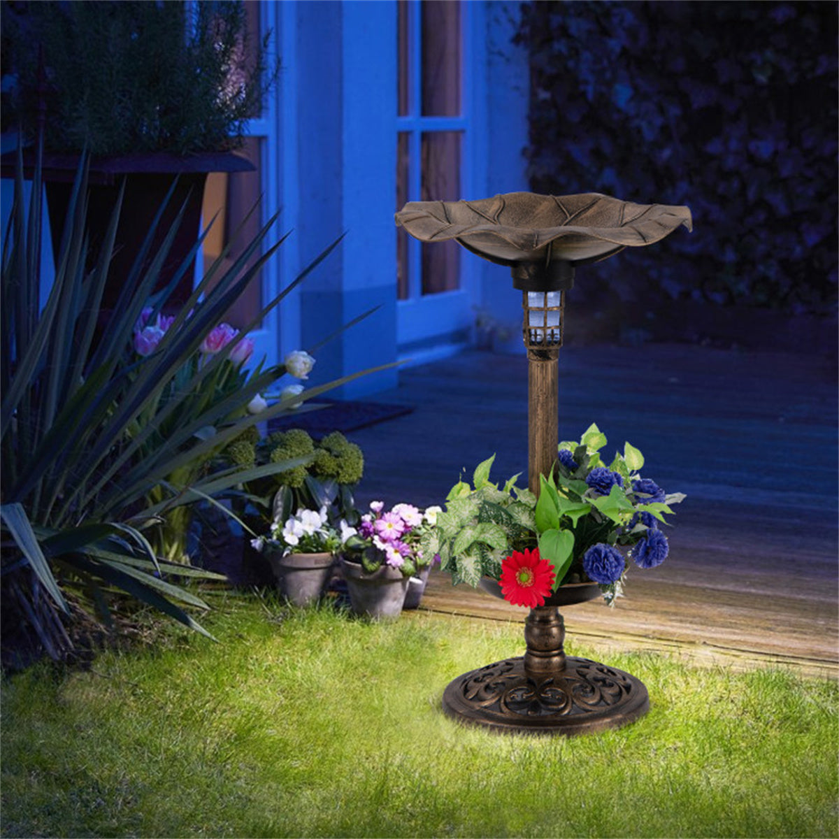 Bronze Standing Pedestal Birdbath and Feeder Combo with Solar Powered Lamp and  Flower Planter for Patio