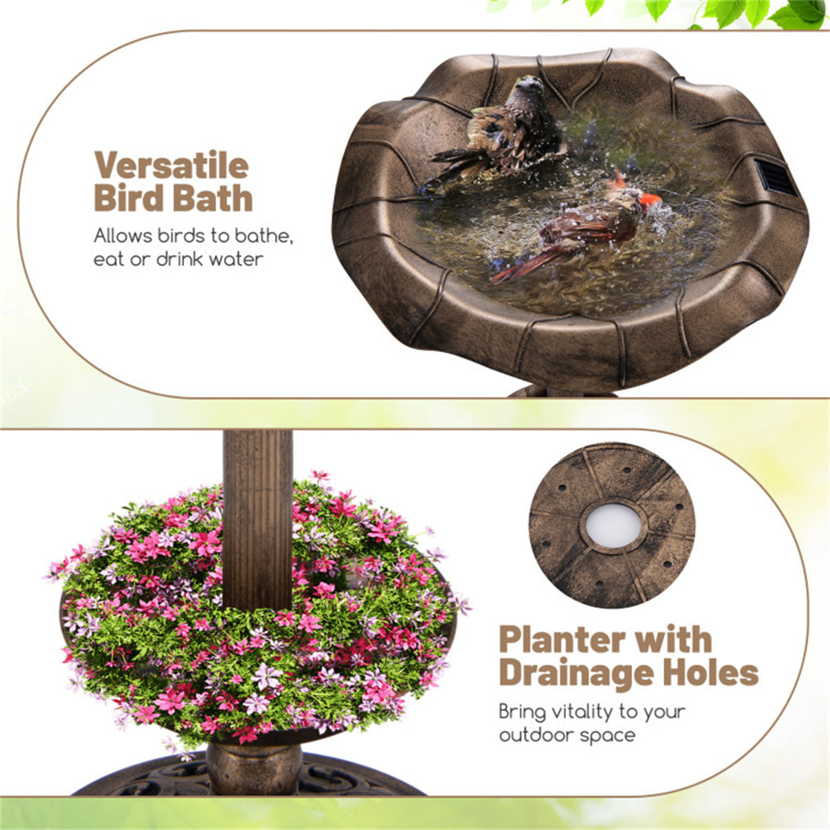 Bronze Standing Pedestal Birdbath and Feeder Combo with Solar Powered Lamp and  Flower Planter for Patio