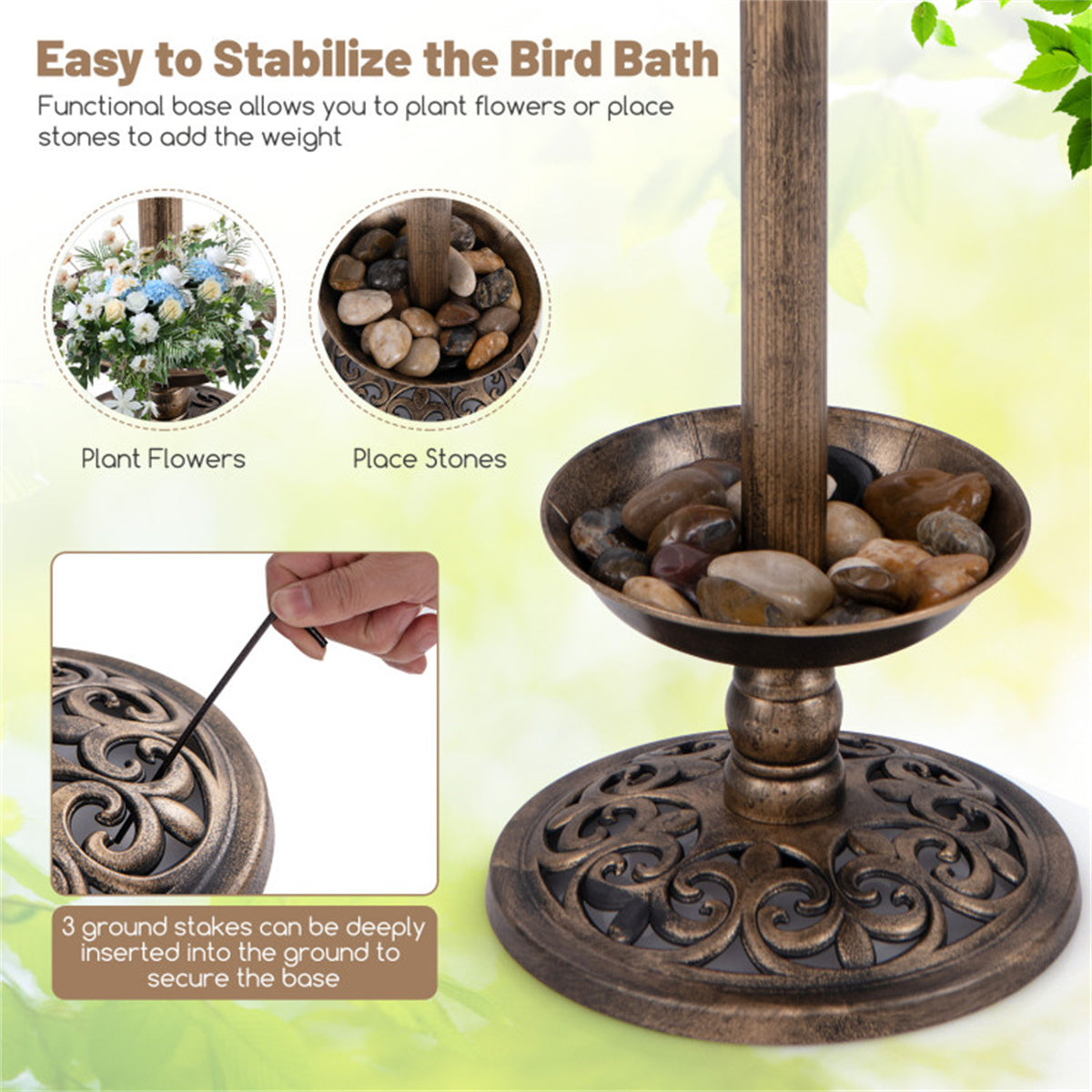 Bronze Standing Pedestal Birdbath and Feeder Combo with Solar Powered Lamp and  Flower Planter for Patio