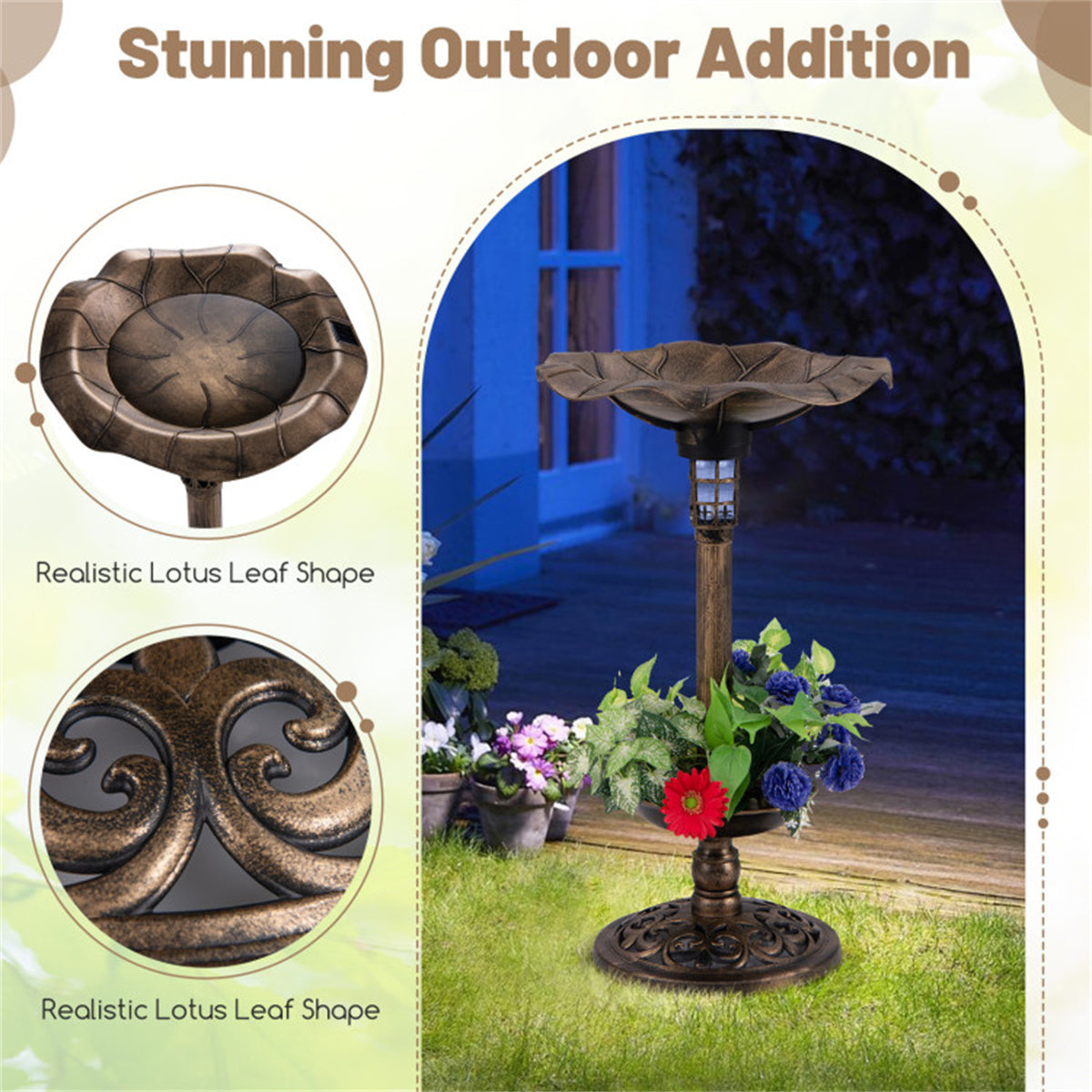 Bronze Standing Pedestal Birdbath and Feeder Combo with Solar Powered Lamp and  Flower Planter for Patio