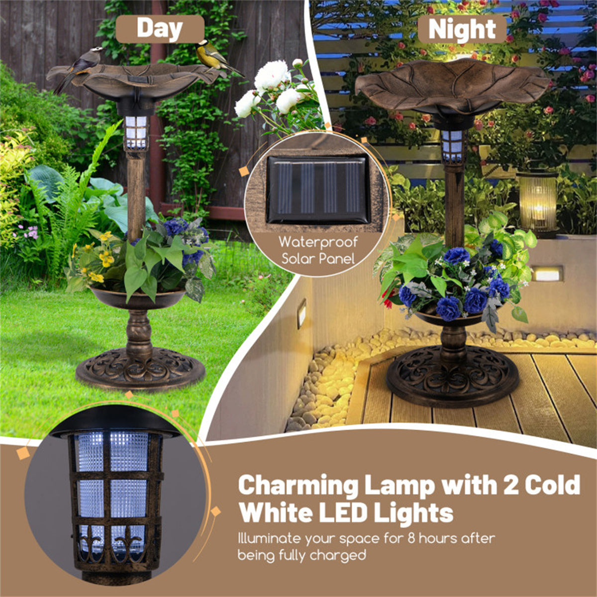 Bronze Standing Pedestal Birdbath and Feeder Combo with Solar Powered Lamp and  Flower Planter for Patio