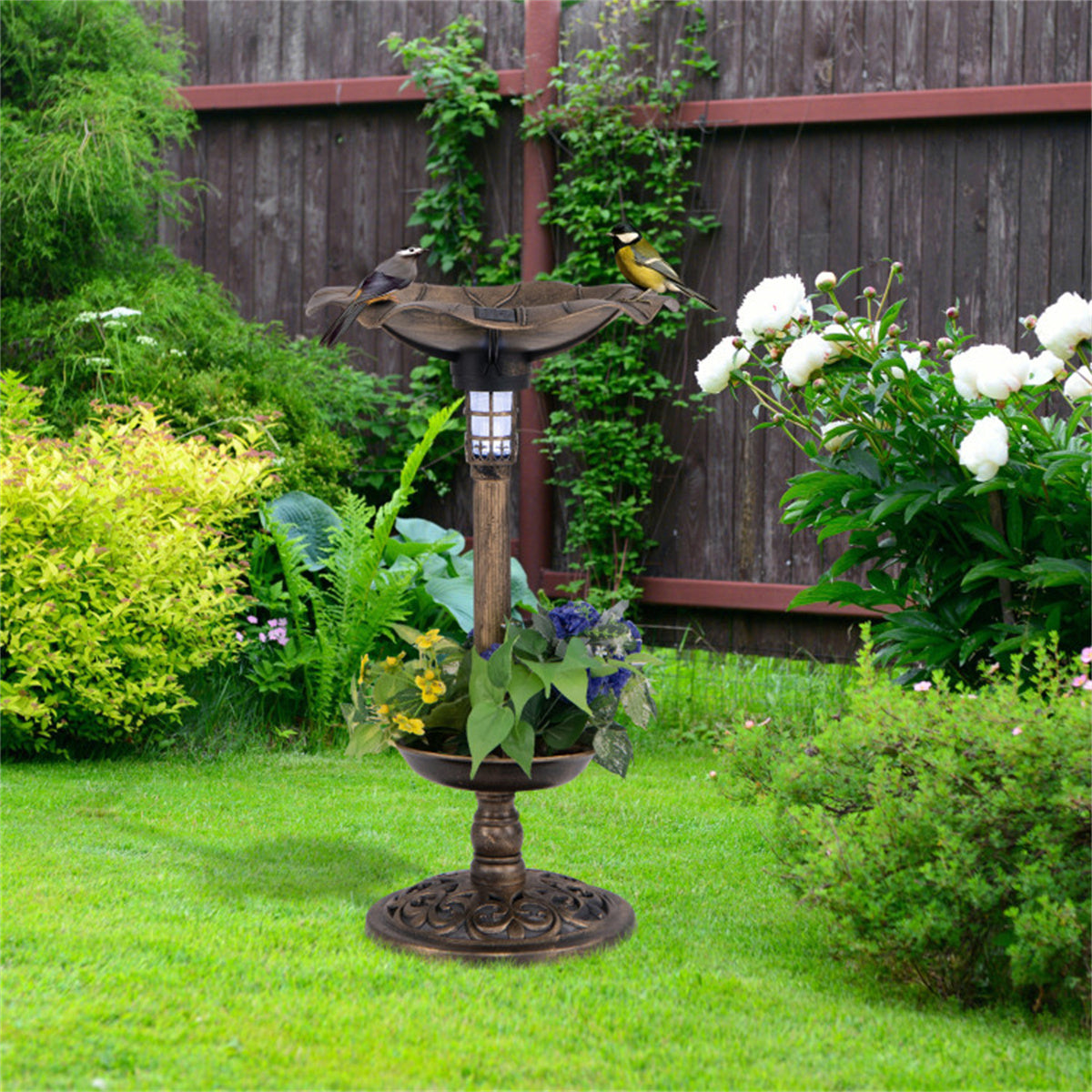 Bronze Standing Pedestal Birdbath and Feeder Combo with Solar Powered Lamp and  Flower Planter for Patio