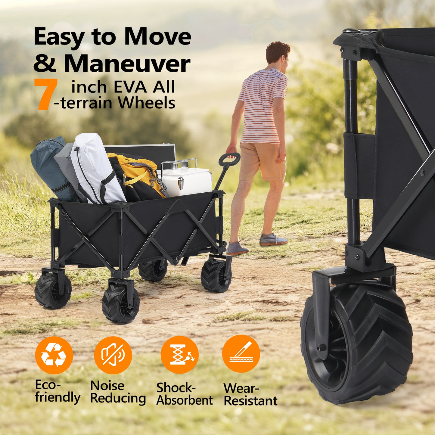 42*22*36inch Black Garden Folding Cart Collapsible Heavy Duty Beach Wagon Cart Outdoor Camping Cart with Universal Wheels Adjustable Handle