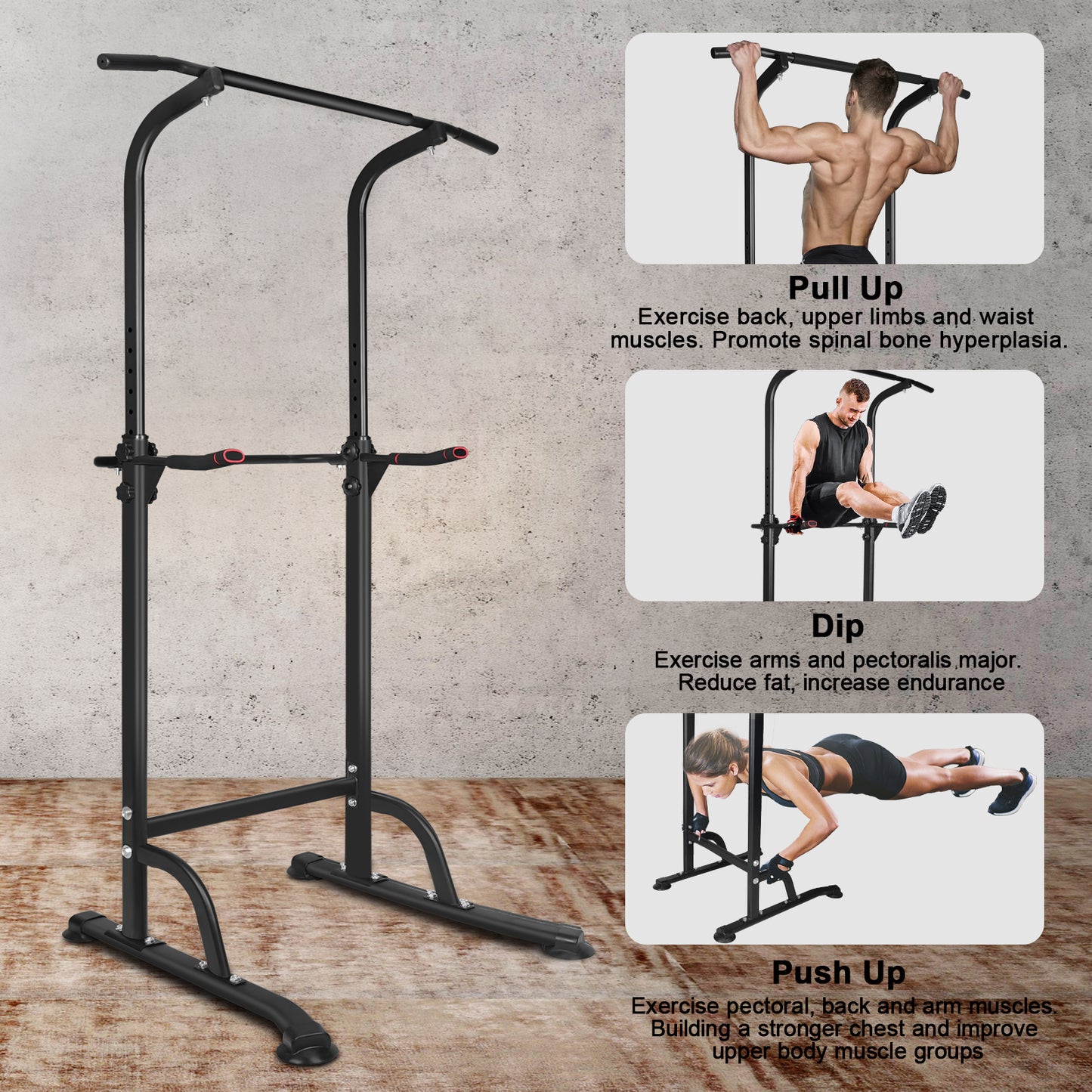 Power Tower Workout Dip Station Pull Up Bar, Height Adjustable Multi-Function Dip Stand for Home Gym Strength Training Fitness Equipment