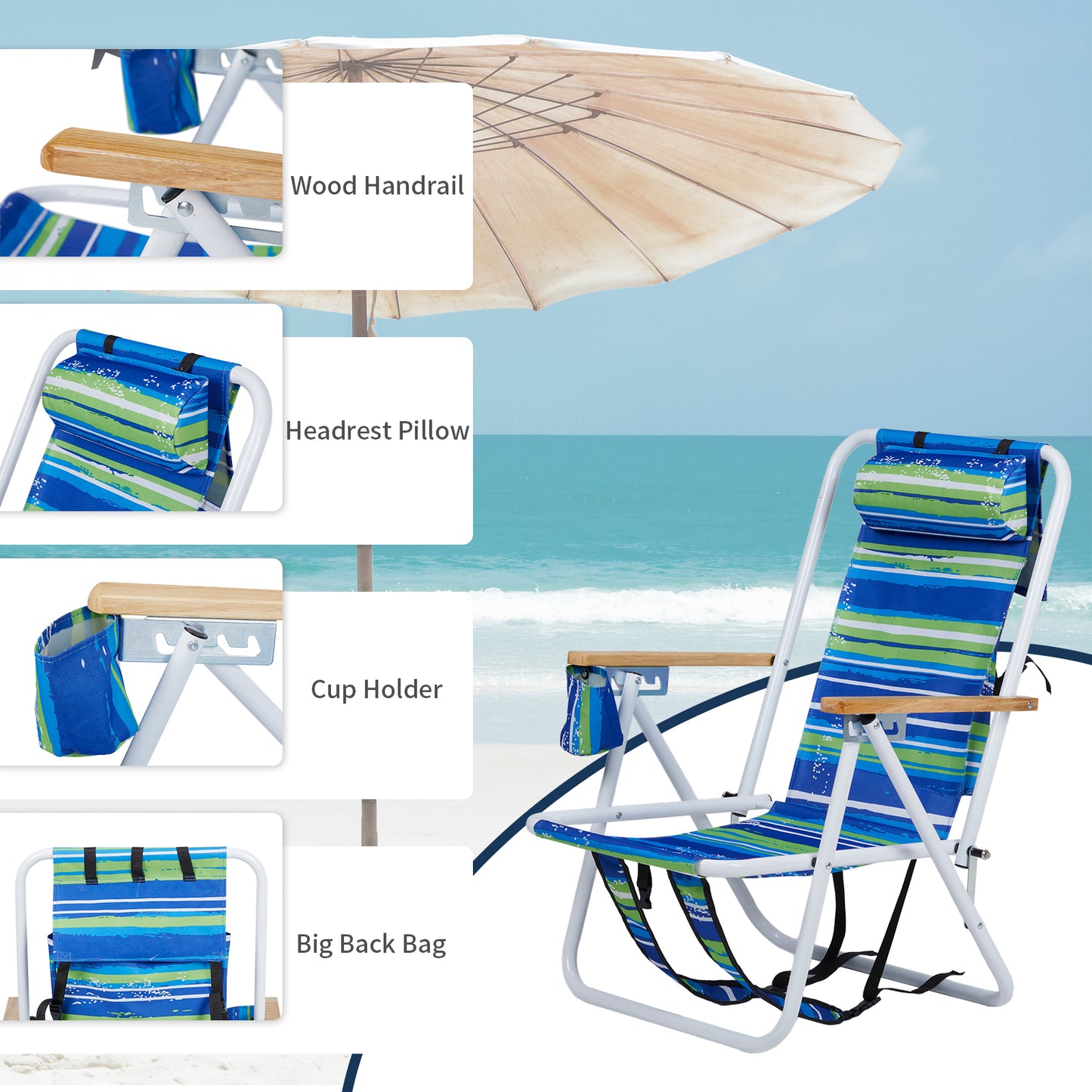 1pc Folding Beach Chair, 4 Position Portable Backpack Foldable Camping Chair with Headrest Cup Holder and Wooden Armrests