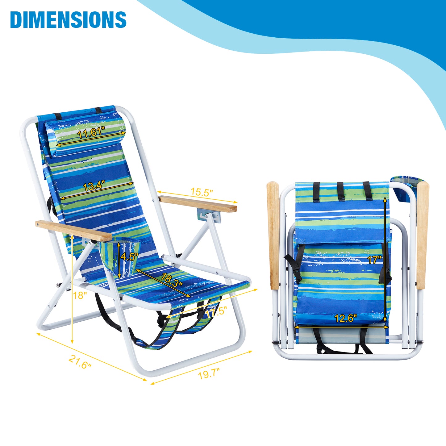 1pc Folding Beach Chair, 4 Position Portable Backpack Foldable Camping Chair with Headrest Cup Holder and Wooden Armrests