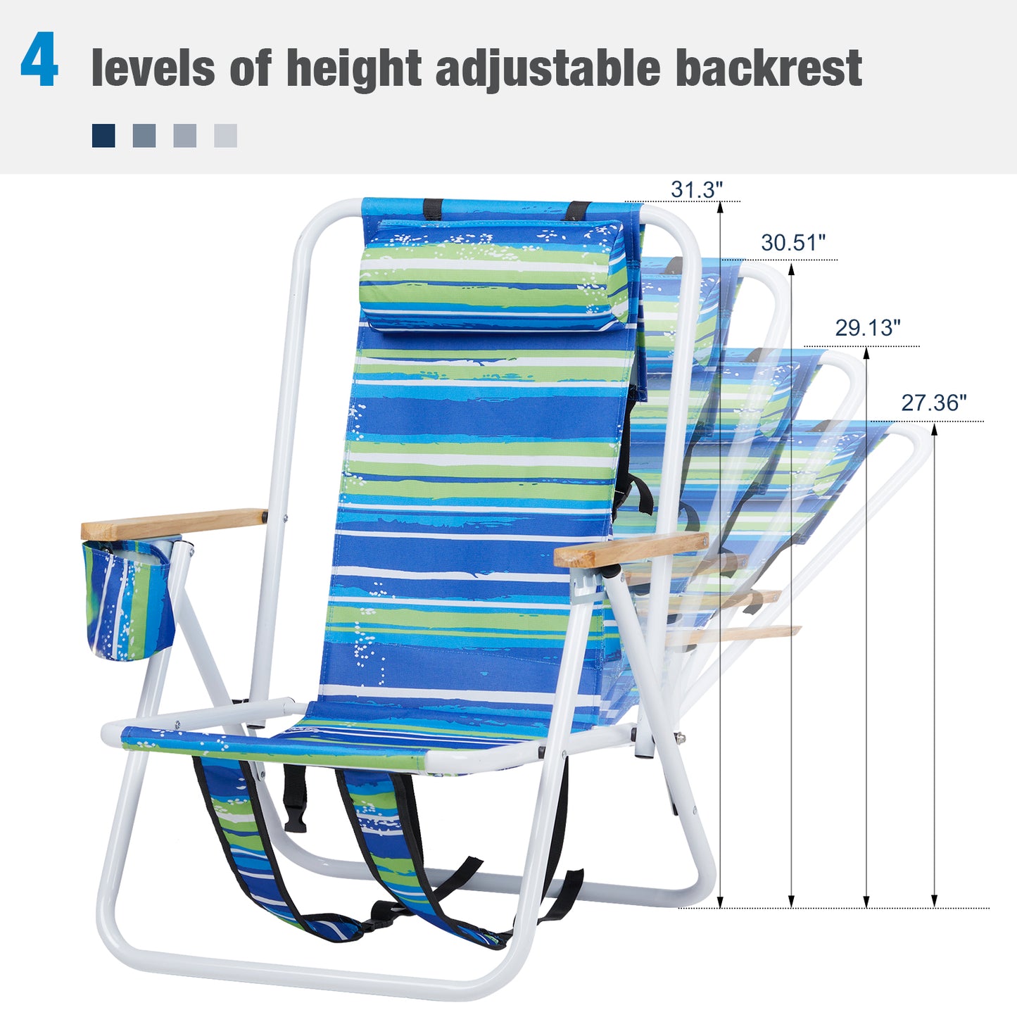 1pc Folding Beach Chair, 4 Position Portable Backpack Foldable Camping Chair with Headrest Cup Holder and Wooden Armrests