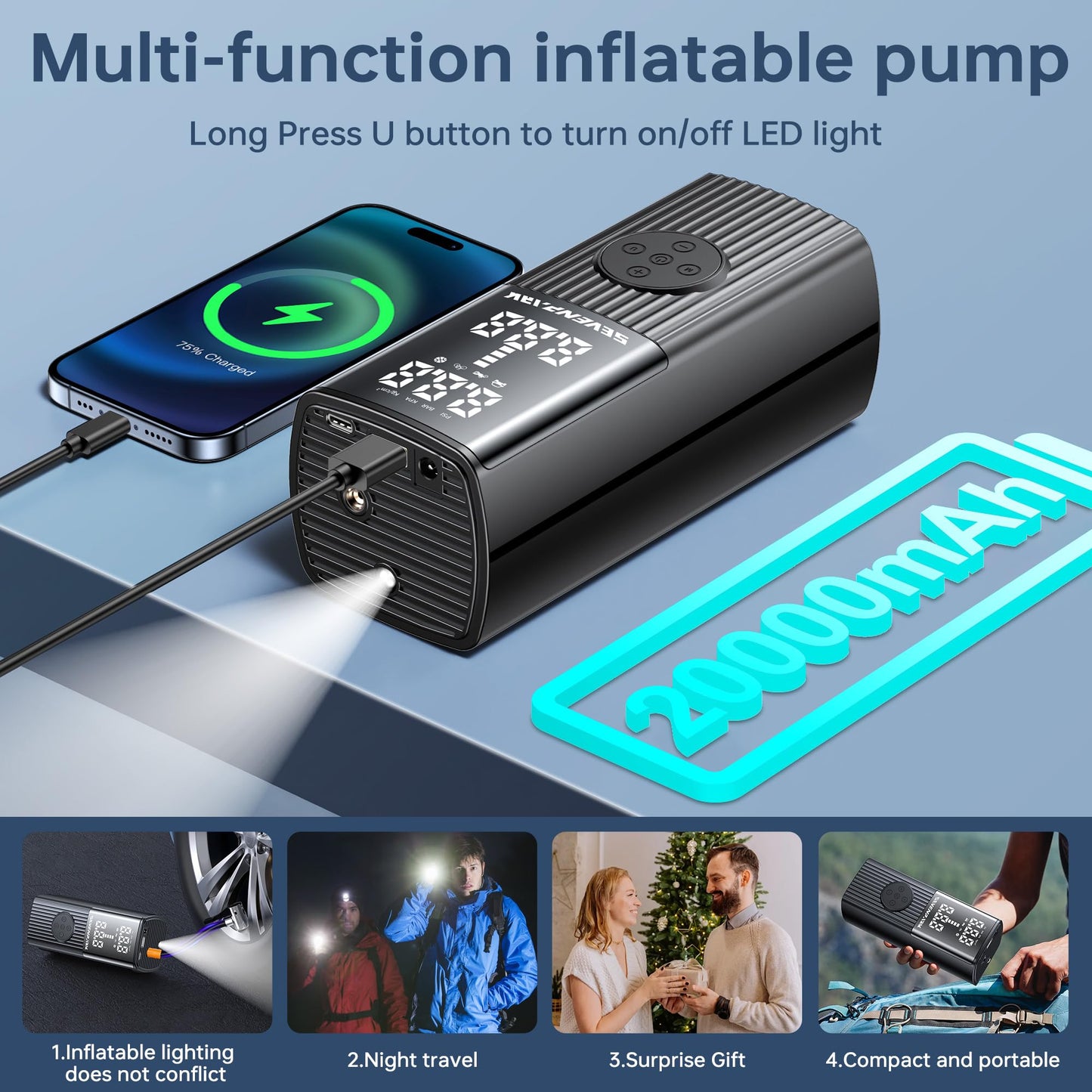 Tire Inflator Portable Air Compressor - 20000 mAh Rechargeable Air Pump -150 PSI Tire Inflation, Portable Air Inflator for Cars