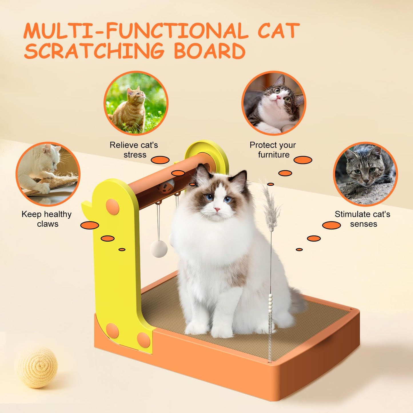 5-in-1 Cat Scratching Board Set Durable Cardboard Reversible Double-sided Design with Bell Interactive Cat Toy Indoor