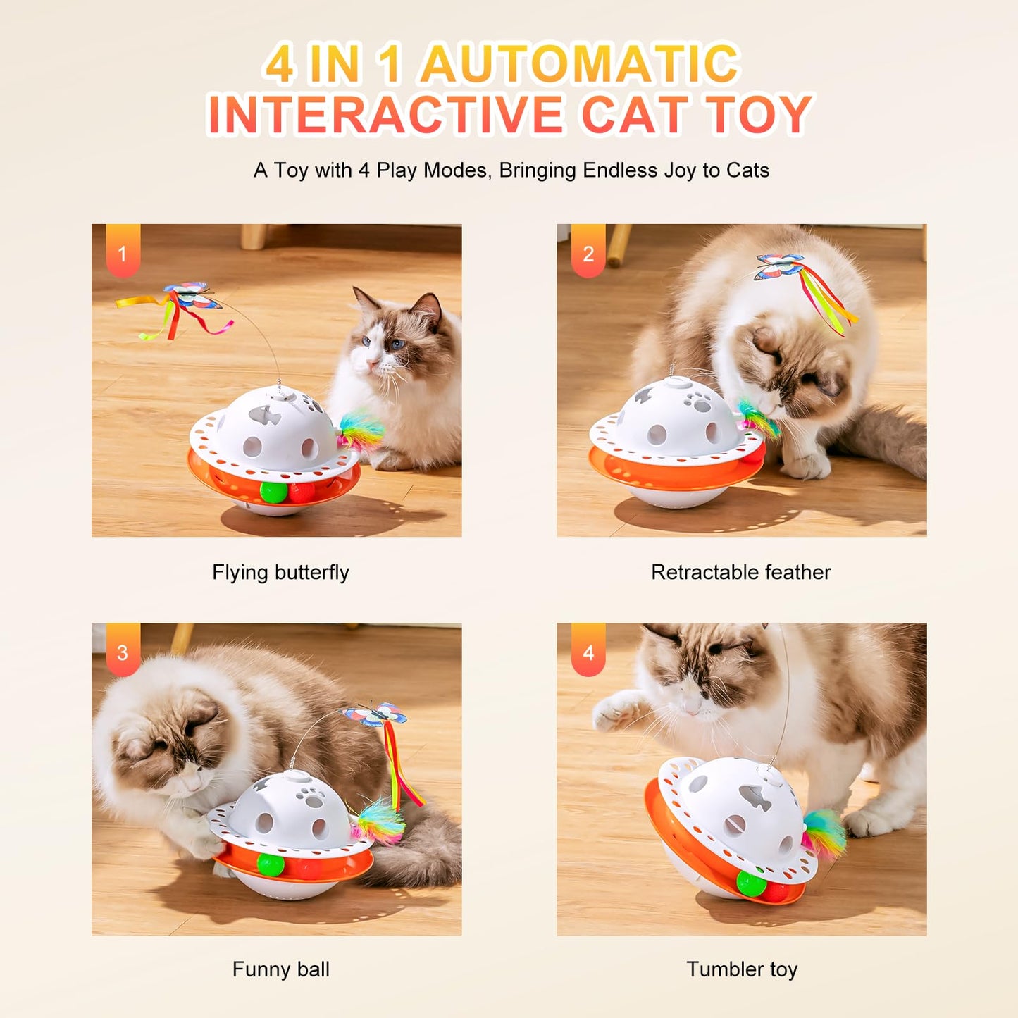 4 in 1 Automatic Interactive Cat Toy Cat Toy with Butterfly Flying Automatic Cat Teasing Stick