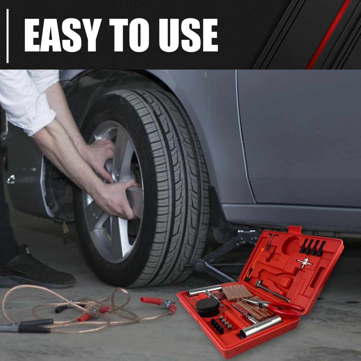 Universal heavy-duty tire repair kit | 58 piece set | Fixed perforations and plug surfaces