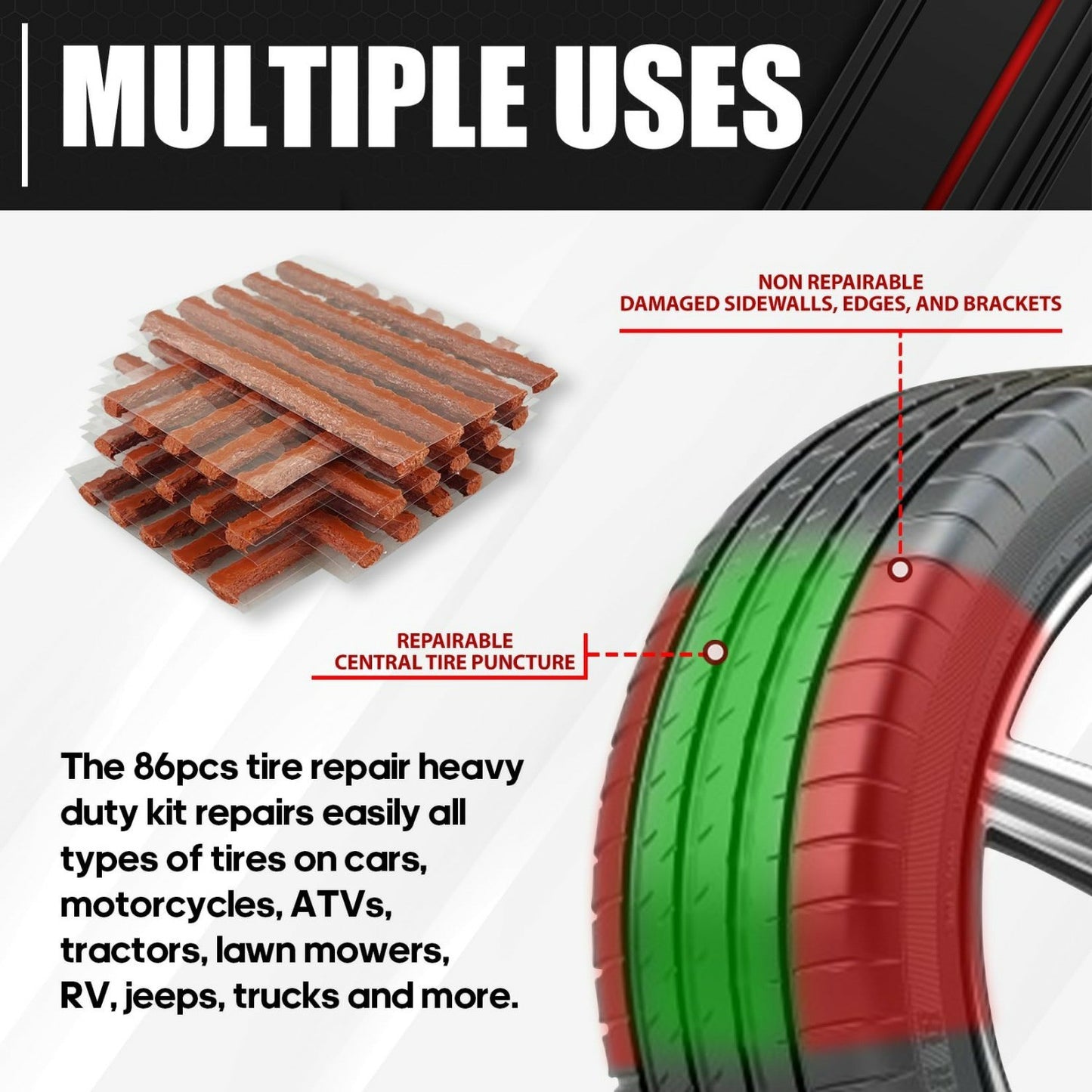 Universal heavy-duty tire repair kit | 58 piece set | Fixed perforations and plug surfaces