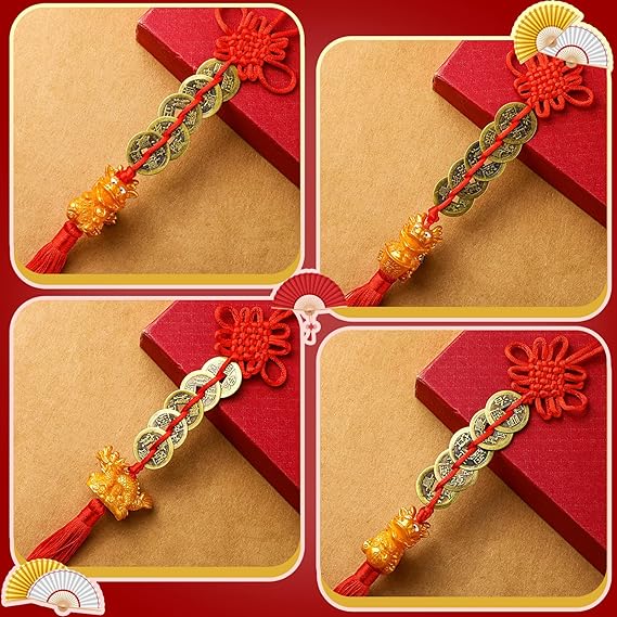 12pcs 2024 Chinese New Year Decorations Dragon Lucky Charms Red Hanging Tassels Feng Shui Decor Chinese Knot Decoration for Good Luck Wealth Fortune Success Car (5 Copper Coins)