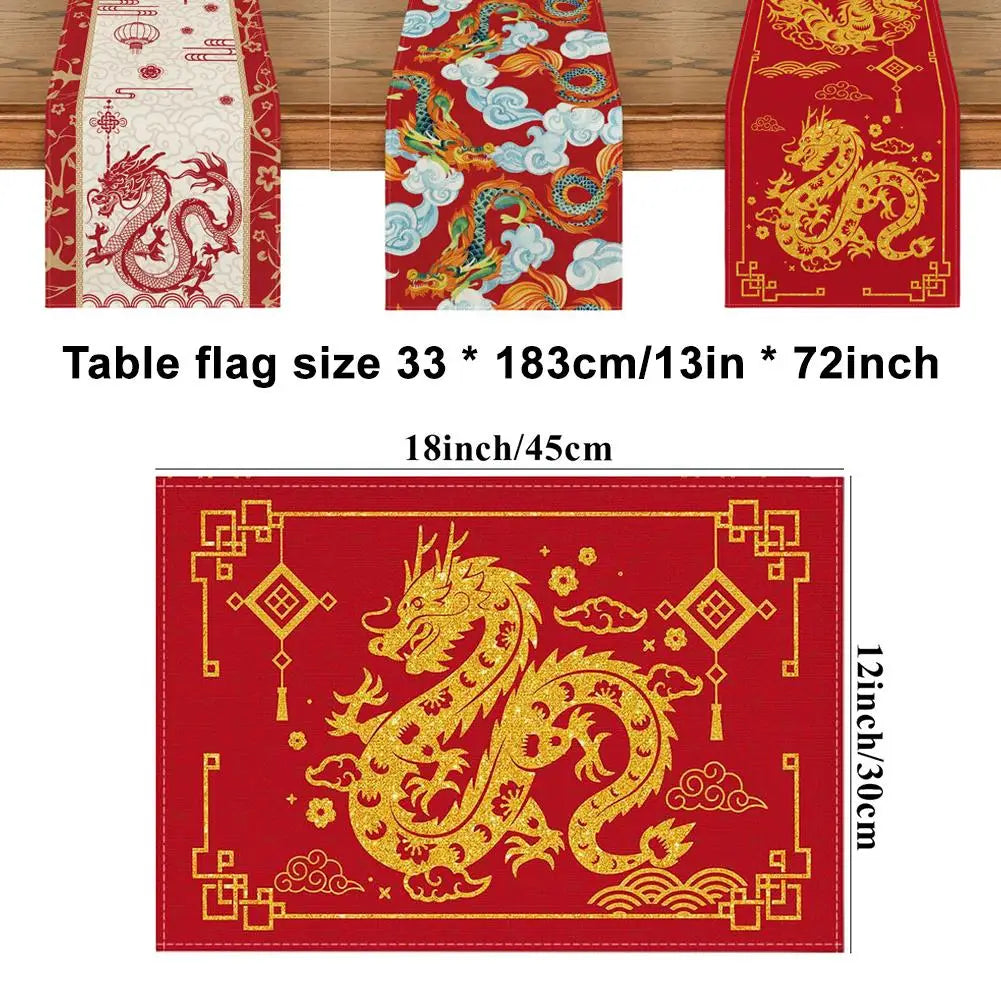 Chinese Zodiac Dragon 2024 Happy New Year Table Runner, Spring Festival Winter Kitchen Dining Table Decoration for Home Party 13x72 Inch