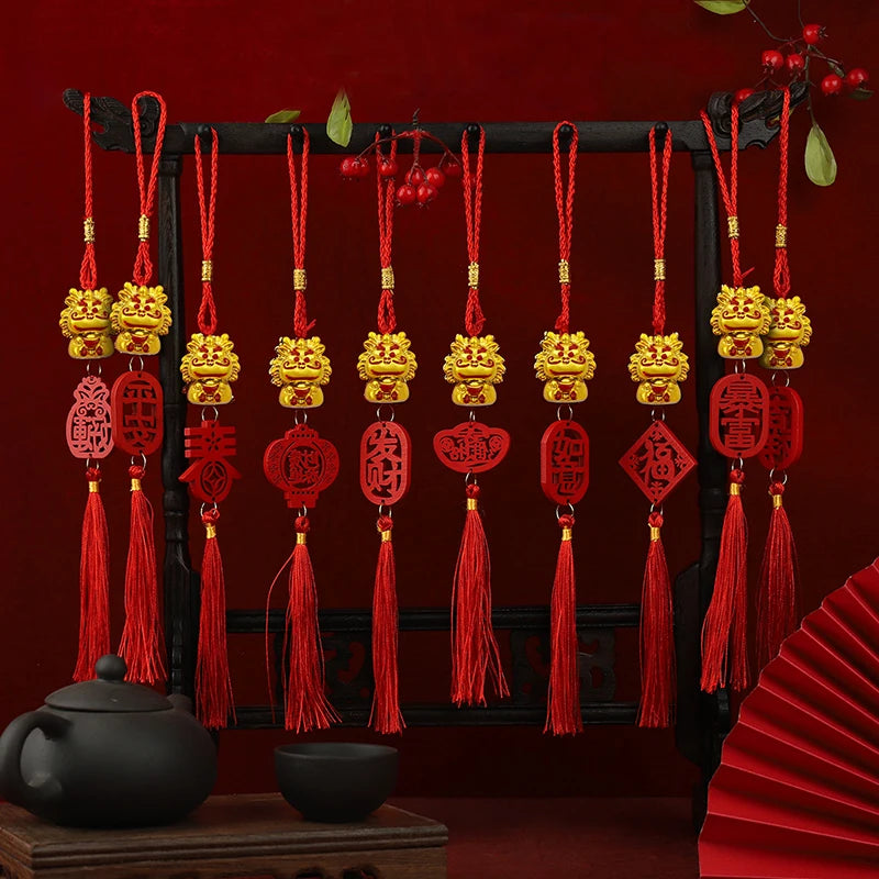 12pcs 2024 Chinese New Year Decorations Dragon Lucky Charms Red Hanging Tassels Feng Shui Decor Chinese Knot Decoration for Good Luck Wealth Fortune Success Car (Characters)