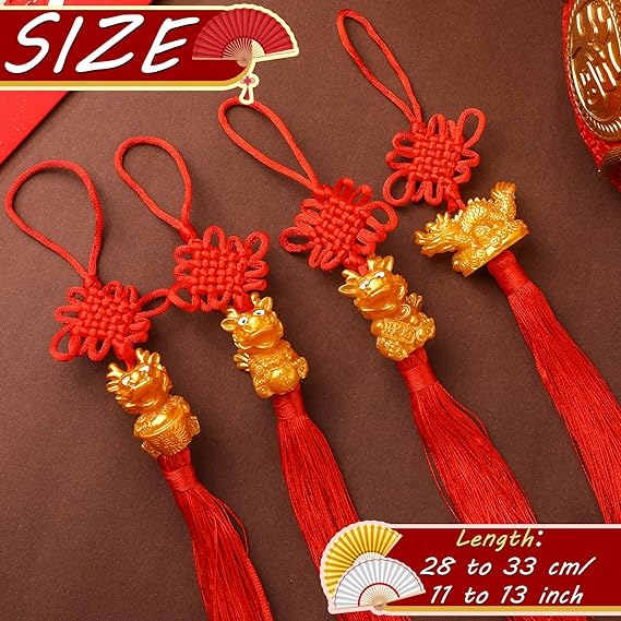 12pcs 2024 Chinese New Year Decorations Golden Dragon Lucky Charms Red Hanging Tassels Feng Shui Decor Chinese Knot Decoration for Good Luck Wealth Fortune Success Car