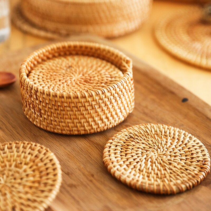 6PCS Woven Rattan Coasters Set With Holder Table Mat Placemat Coffee Tea Cup Coaster Pot Bowl Pad Glass Base Kitchen Accessories