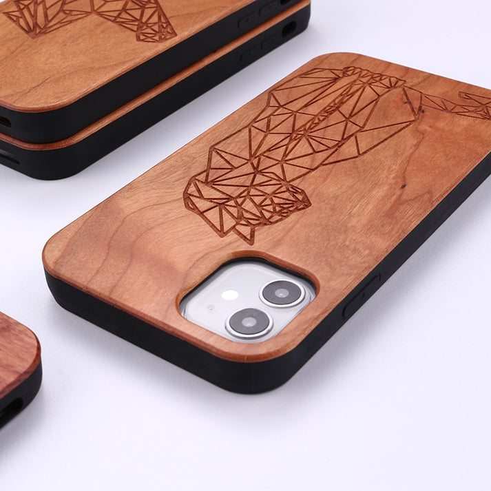 Cherrywood Geometric Carved Deer Case For iPhone 13 pro max, 12 11 Pro Max Mini, SE 3 2022 2020, X Xs Xr Max, 7 8 Plus