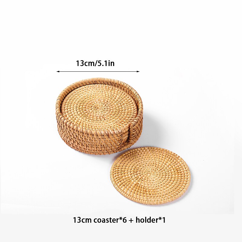 6PCS Woven Rattan Coasters Set With Holder Table Mat Placemat Coffee Tea Cup Coaster Pot Bowl Pad Glass Base Kitchen Accessories