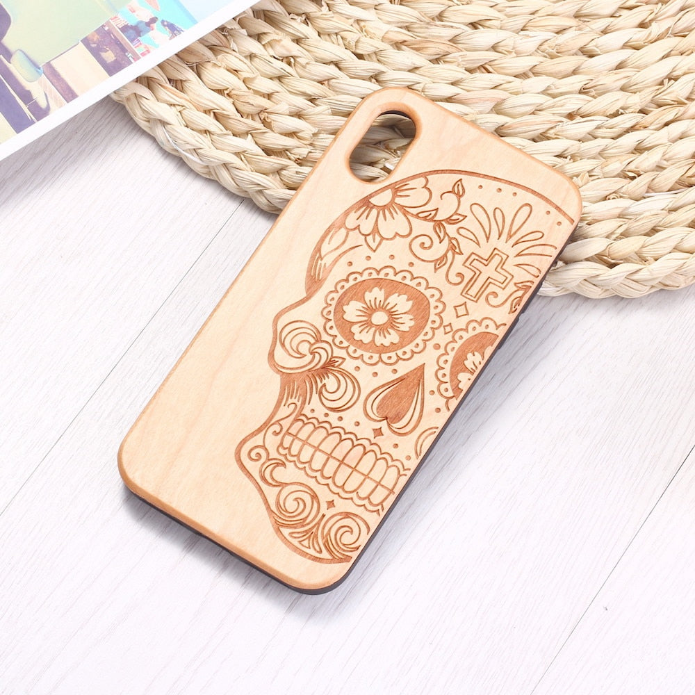 Mexican Skull Vintage Floral Engraved Wood For iPhone 13 Pro Max 12 11 Pro Max Mini, SE 3 2022 2020, X Xs Xr Max, 7 8 Plus