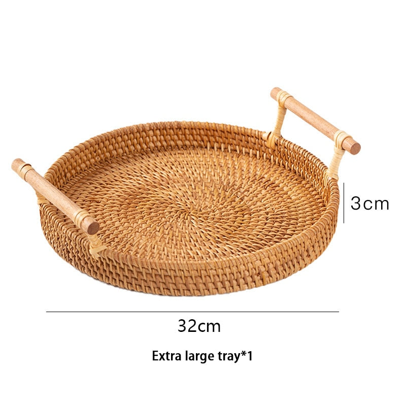 Handgeflochtenes Rattan-Serviertablett, runder Weiden-Servierkorb mit Holzgriffen
