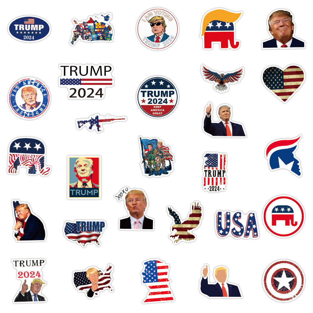 Autocollants de dessin animé Trump 2024 10/30/50/100 pièces prédécoupés imperméables