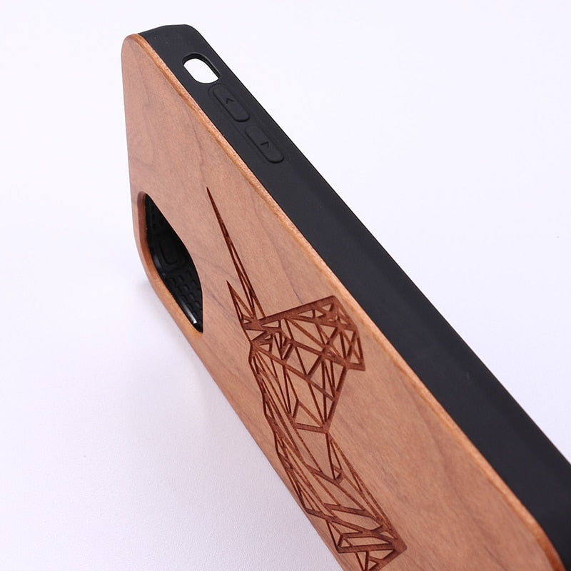 Cherrywood Geometric Carved Unicorn Case For iPhone 13 pro max, 12 11 Pro Max Mini, SE 3 2022 2020, X Xs Xr Max, 7 8 Plus.