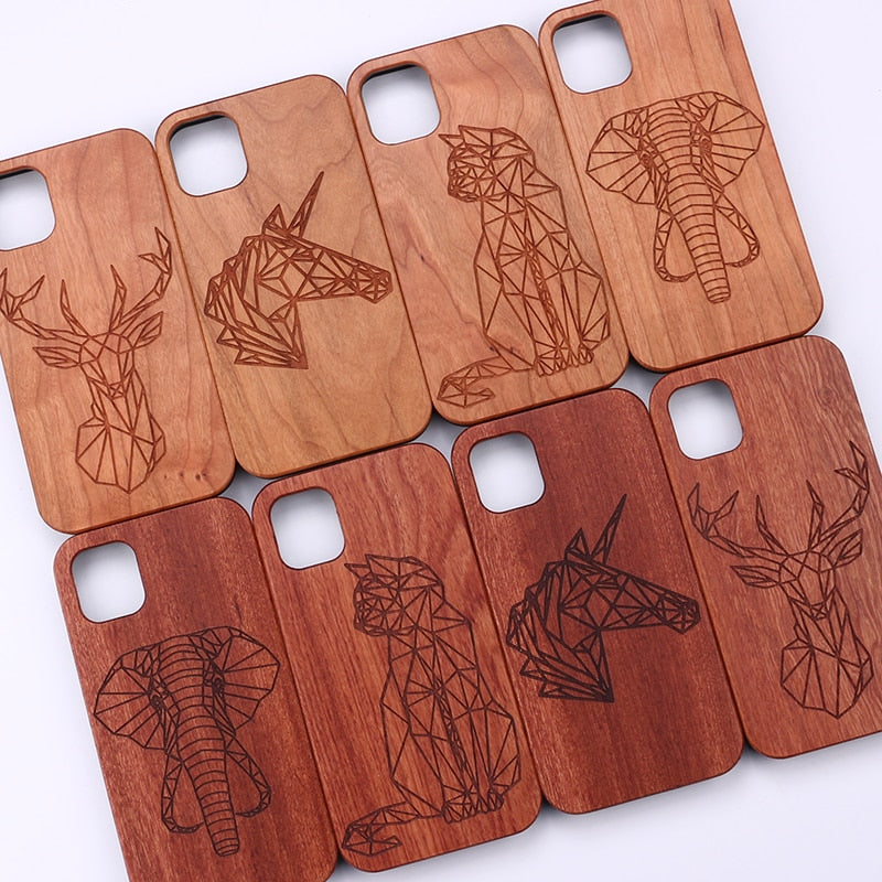 Rosewood Geometric Carved Deer Case For iPhone 13 pro max, 12 11 Pro Max Mini, SE 3 2022 2020, X Xs Xr Max, 7 8 Plus.