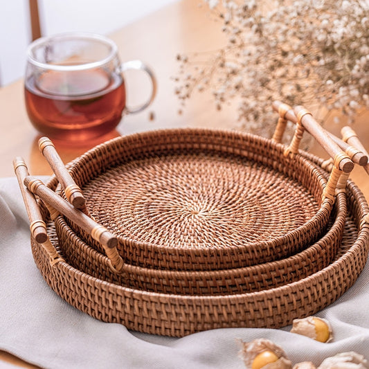 Handwoven Rattan Serving Tray Round Wicker Serving Basket with Wooden Handles