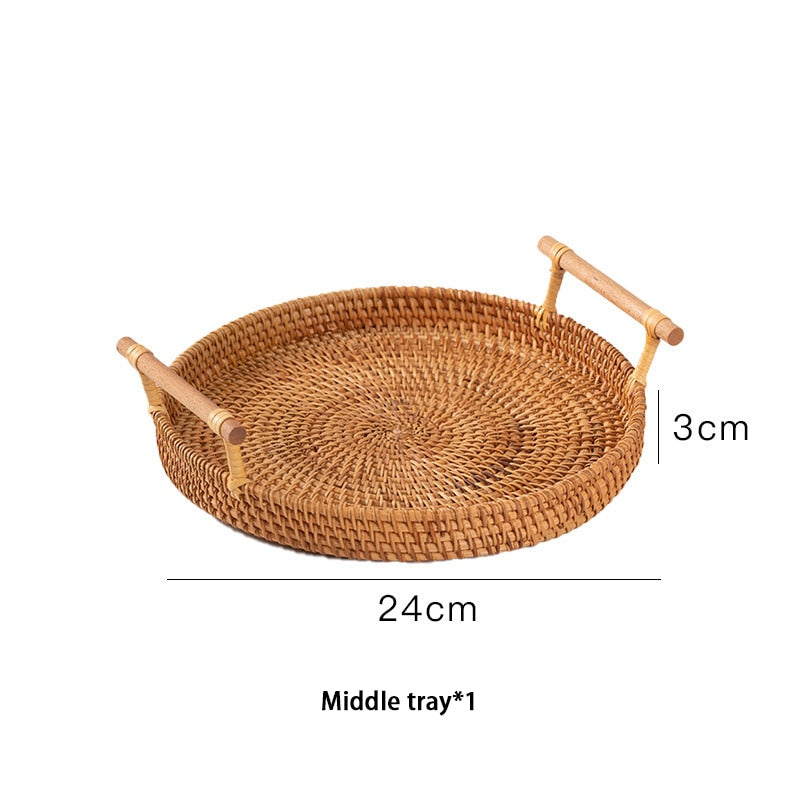 Handwoven Rattan Serving Tray Round Wicker Serving Basket with Wooden Handles