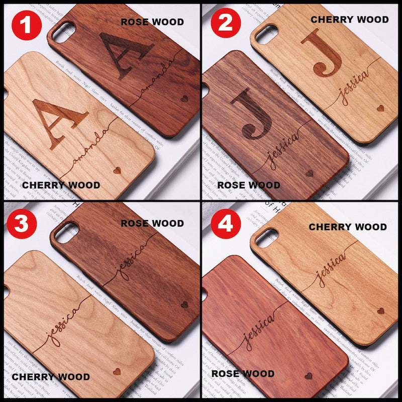 Custom Name Engraved Wood Case For iPhone SE3 - comparison of four designs 