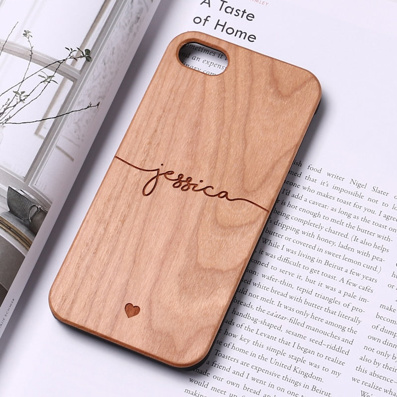 Étui en bois gravé avec nom personnalisé pour Apple iPhone SE3 2022